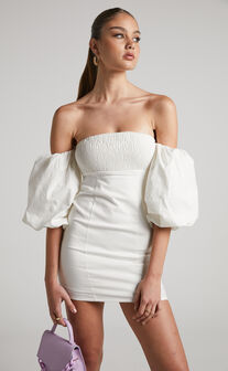 Steffie Mini Dress - Shirred Off Shoulder Puff Sleeve Bodycon Dress in White