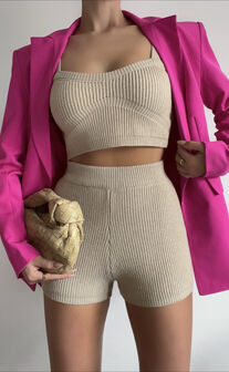 Assunda Ribbed Knit Crop Top and Short Two Piece Set in Sand