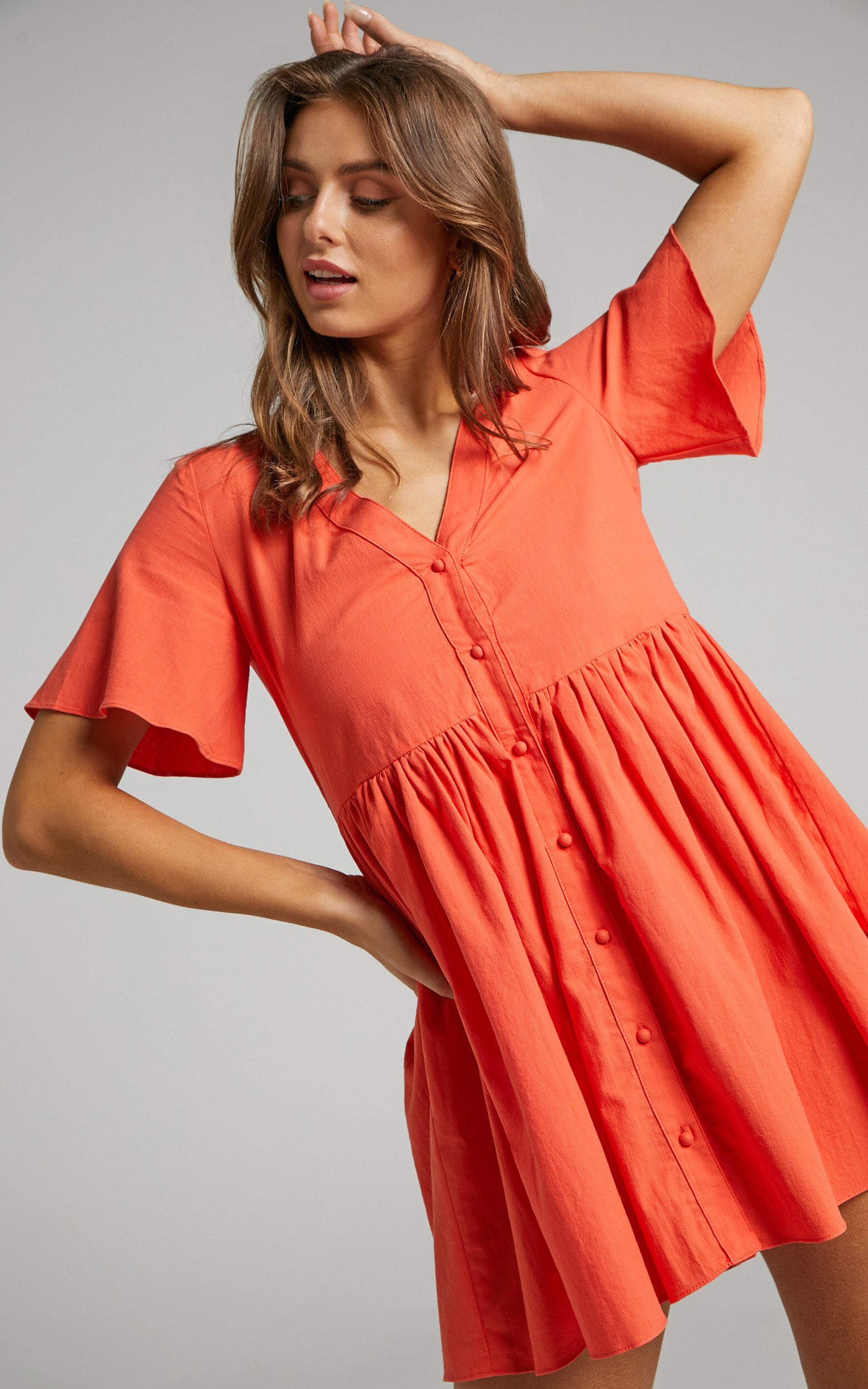 Staycation Smock Button Up Mini Dress in Coral - 04, PNK7, super-hi-res image number null