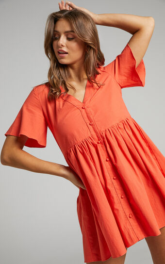 Staycation Smock Button Up Mini Dress in Coral