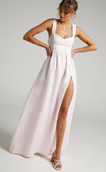 Amalie The Label - Lucia Linen Elasticated Strap Backless Maxi Dress in Off White