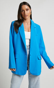 Michelle Blazer - Oversized Plunge Neck Button Up Blazer in Blue