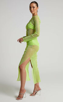 Karmen Midaxi Dress - Long Sleeve Split Diamante Mesh Dress in Lime