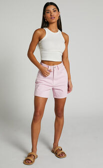 Ruffy Denim Shorts - Cotton Mom Fit Shorts in Pink