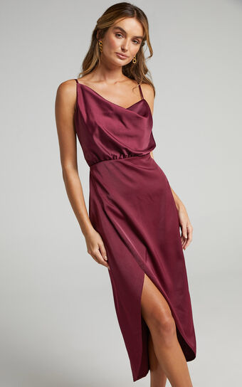 Sisters by Heart Asymmetric Cowl Neck Midi Dress in Mulberry Satin