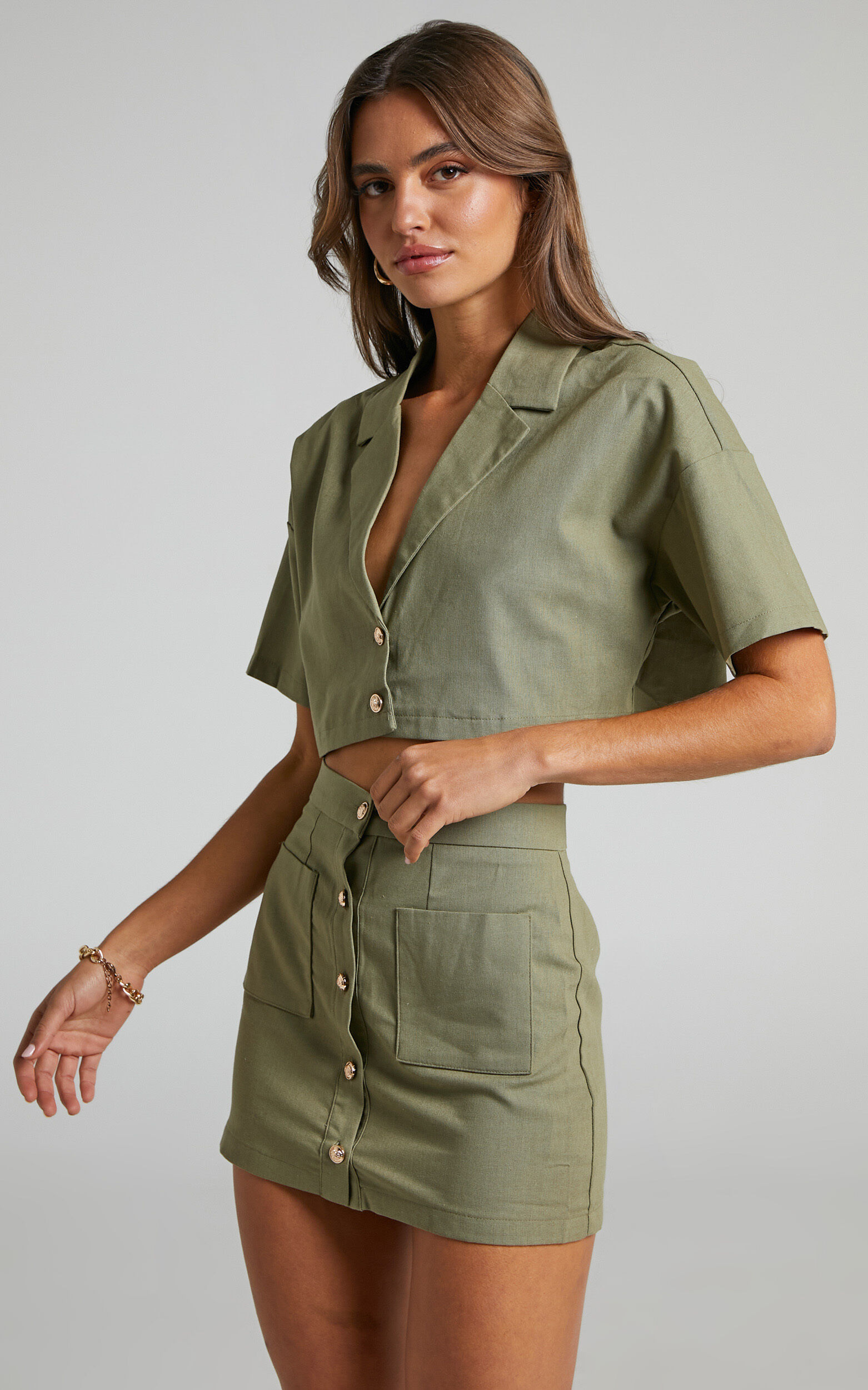 Nadhia Cropped Shirt and Button Up Mini Skirt Two Piece Set in Khaki - 04, GRN1, super-hi-res image number null