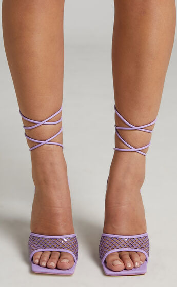 Public Desire - Spring Square Toe Mesh Lace Up Heels in Lilac