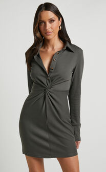 Jadine Mini Dress - Twist Front Long Sleeve Button Front Dress in Dark Olive