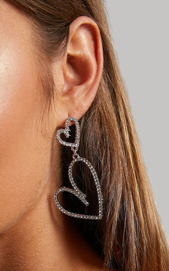 Jelanda Double Heart Drop Earrings in Silver Diamante