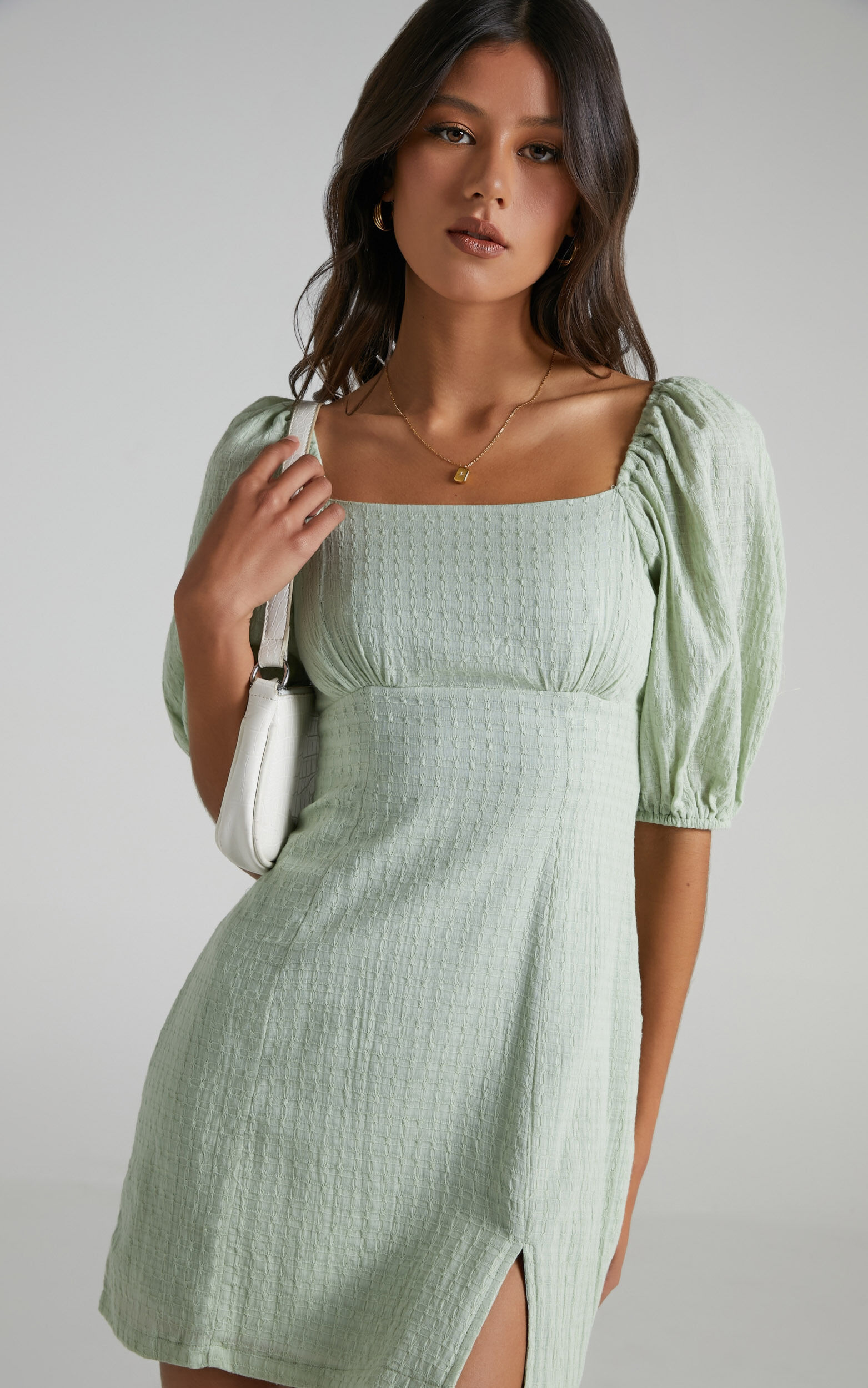 Electric Babe Square Neck Puff Sleeve Mini Dress in Sage - 16, GRN3, super-hi-res image number null