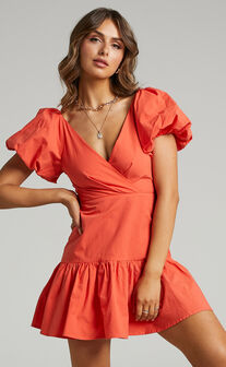 Brighton Puff Sleeve Ruffle Mini Dress in Orange