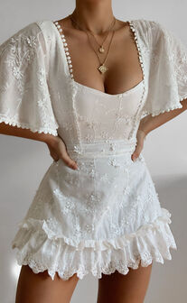 Fancy A Spritz Square Neck Mini Dress in White Embroidery