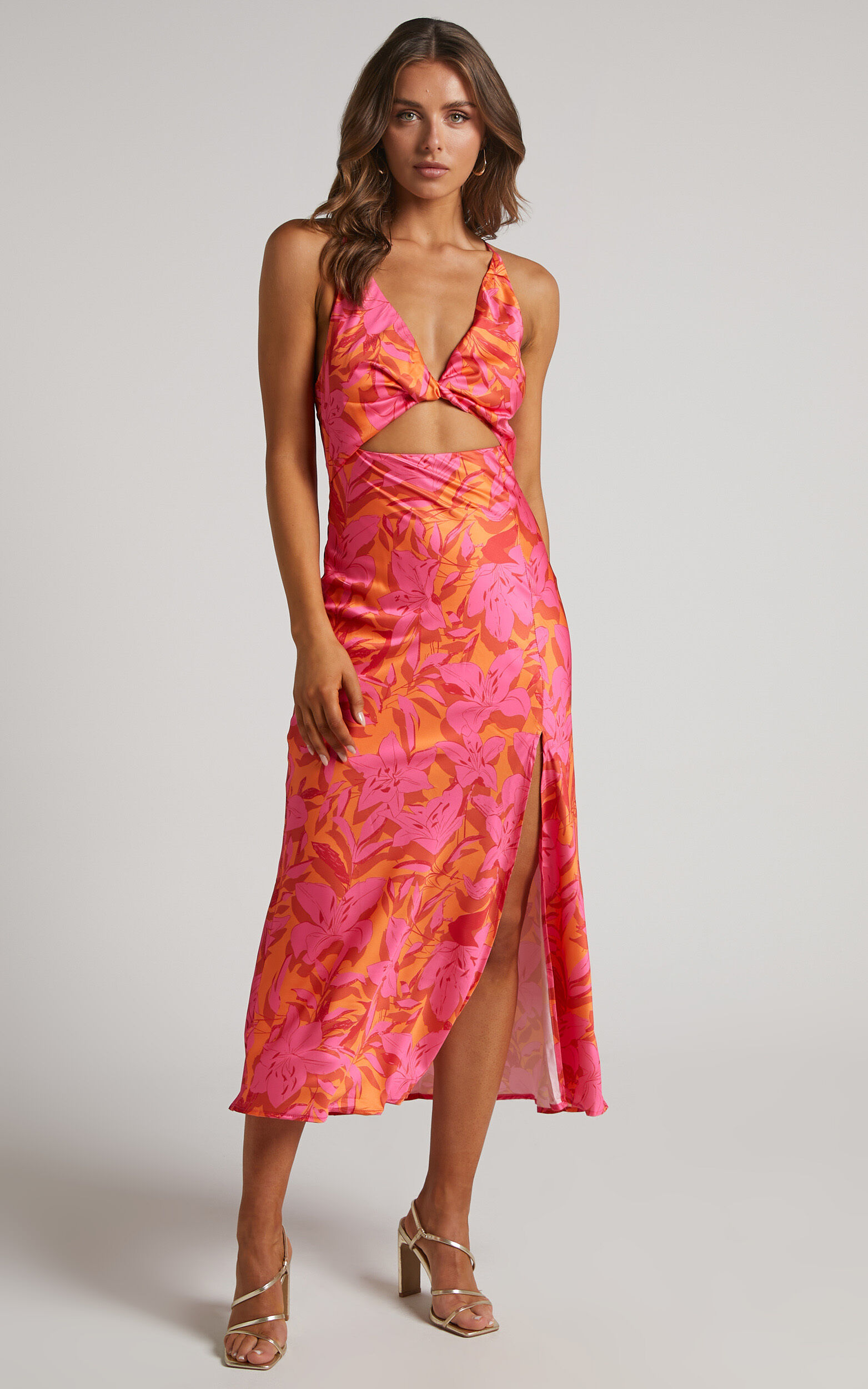 Tove Midi Dress - Twist Front Cut Out Satin Dress in Pink Floral - 06, PNK1, super-hi-res image number null