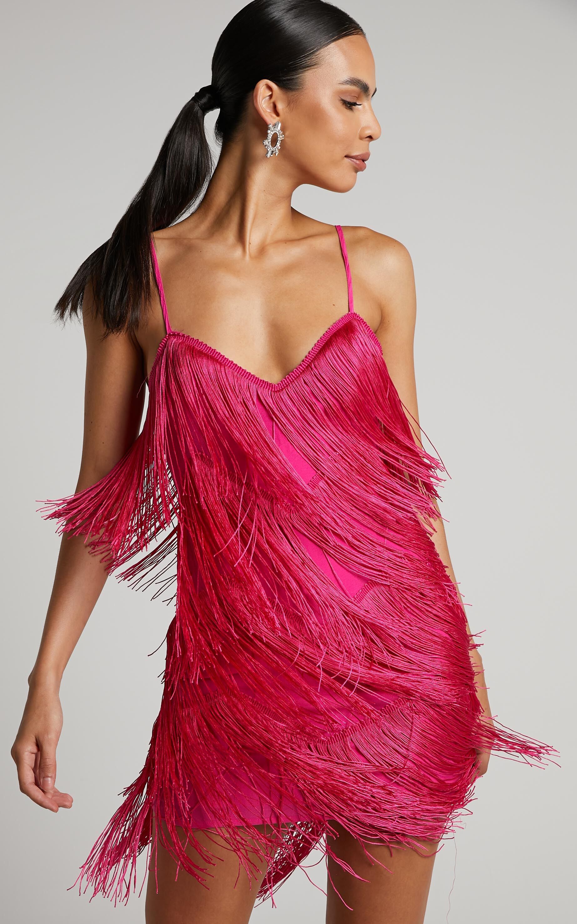 Siofra Mini Dress - Zig Zag Fringe Dress in Hot Pink | Showpo
