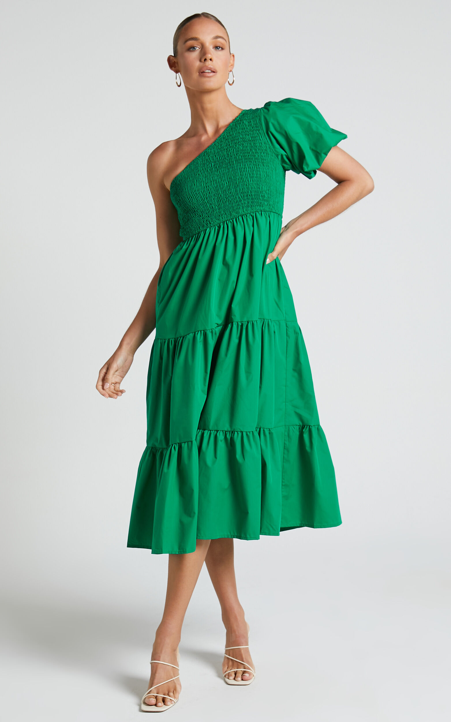 Kennedy Midi Dress - One Shoulder Puff Sleeve Shirred Dress in Green - 06, GRN1, super-hi-res image number null