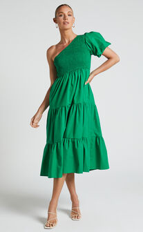 Kennedy Midi Dress - One Shoulder Puff Sleeve Shirred Dress in Green