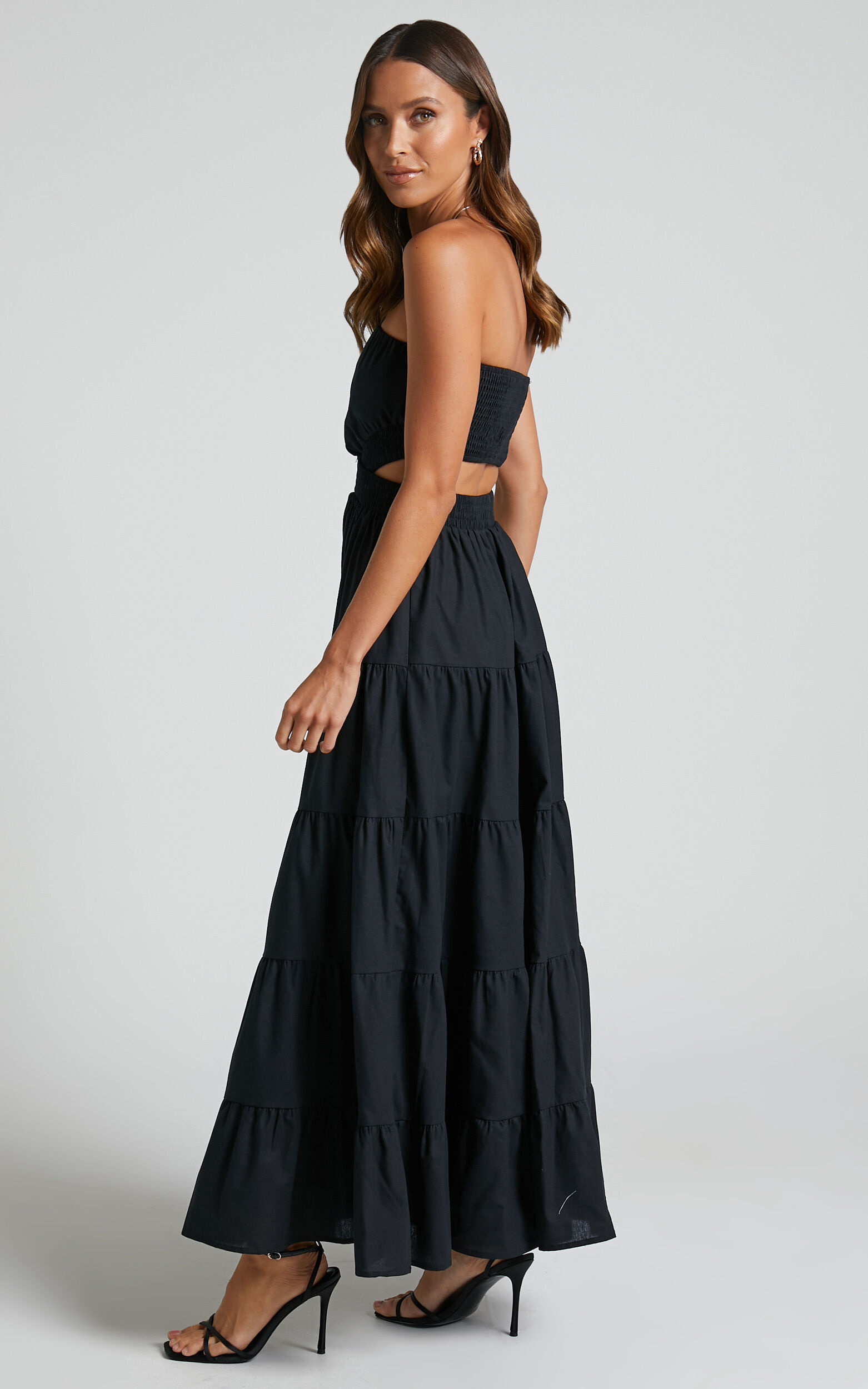 Xiomara Maxi Dress - Strapless Cut Out Tiered Dress in Black