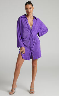 Beca Mini Dress - Crinkle Button Up Shirt Dress in Purple