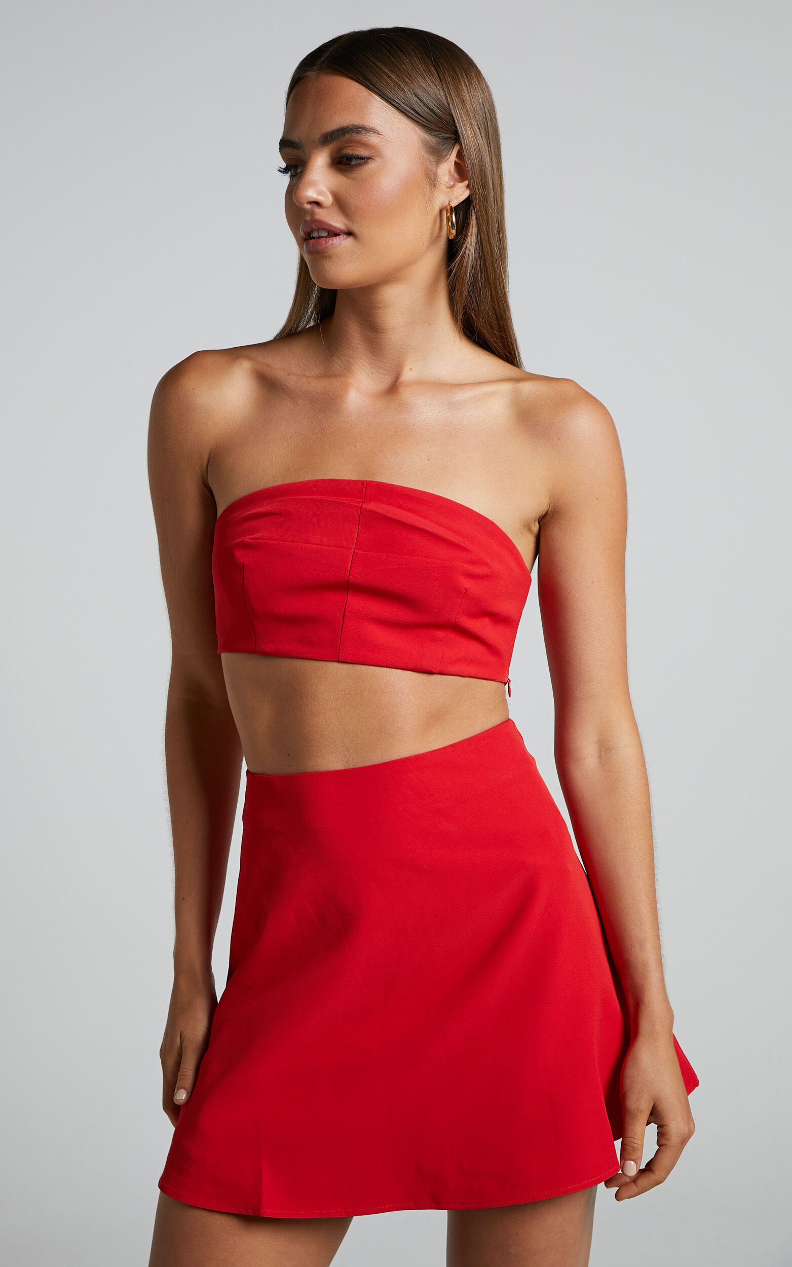 Khirara Two Piece Set - Strapless Bandeau Crop Top and Mini Skirt in Red - 04, RED1, super-hi-res image number null
