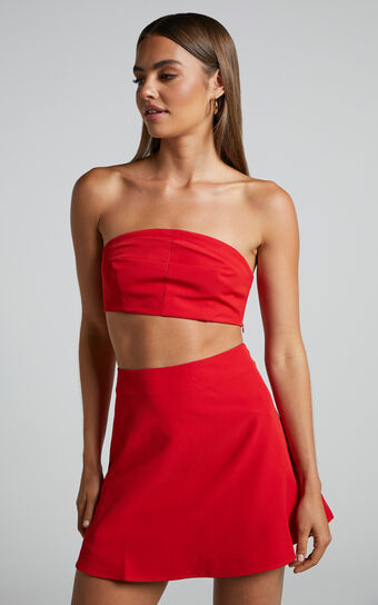 Khirara Two Piece Set - Strapless Bandeau Crop Top and Mini Skirt in Red