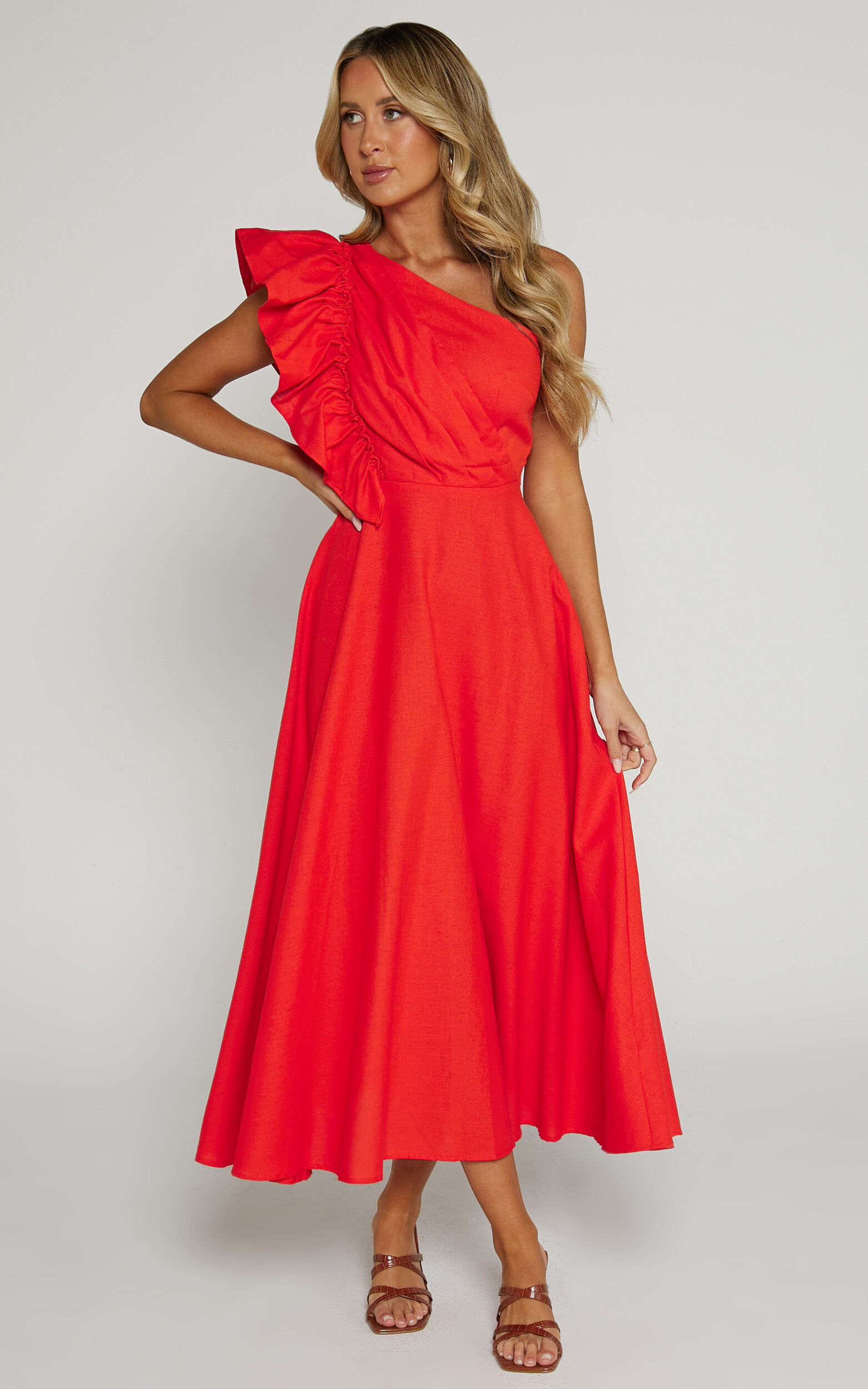 Dixie Midaxi Dress - One Shoulder Ruffle Dress in Red Orange - 04, ORG1