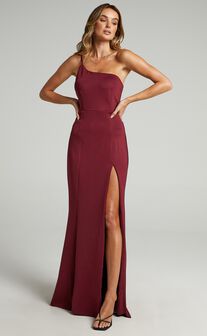 No Ones Fault Midaxi Dress - One Shoulder Thigh Split Dress in Wine
