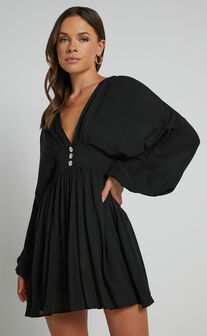 Piper Mini Dress - Long Sleeve button front in Black