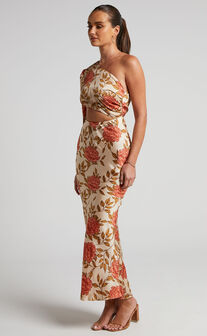 Abagail One Shoulder Cut Out Maxi Dress in Beige Floral