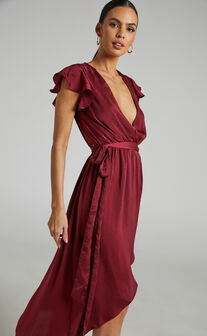 Novera Frill Sleeve Wrap Midi Dress in Wine