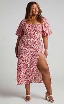 Rosario Midi Dress - Ruched Bust Puff Sleeve Dress in Red Ditsy Floral