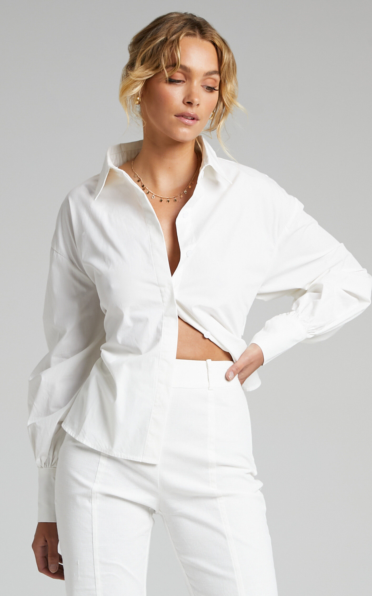 Claudelle Cotton Collared Tie Back Shirt in White - 06, WHT1, super-hi-res image number null