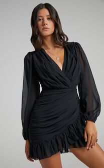 Can I Be Your Honey Plunge Balloon Sleeve Mini Dress in Black
