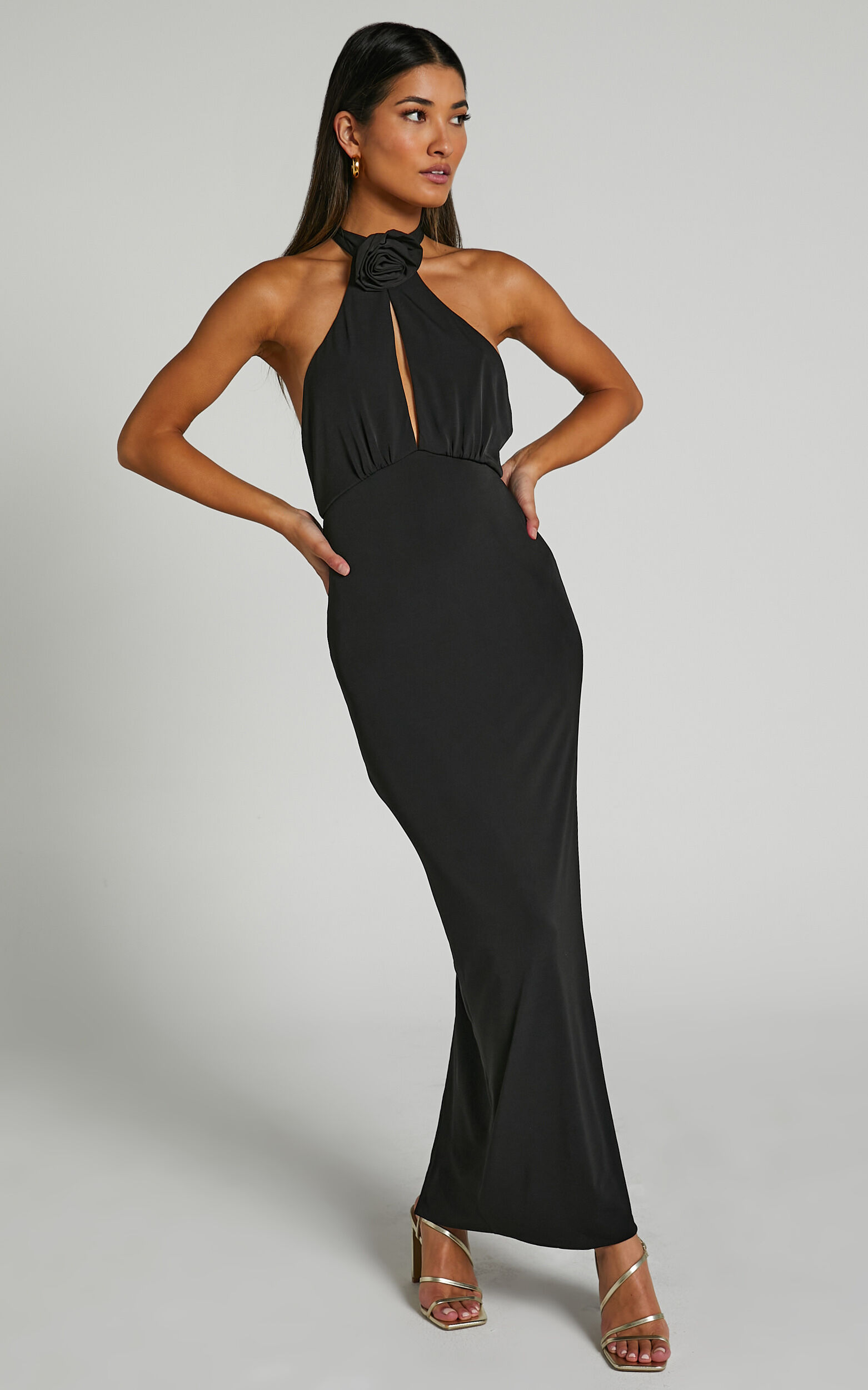 Claret Midaxi Dress- rosette halter midaxi dress in Black | Showpo