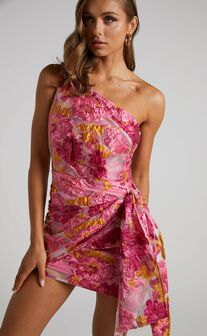 Brailey One Shoulder Wrap Front Mini Dress in Pink Jacquard
