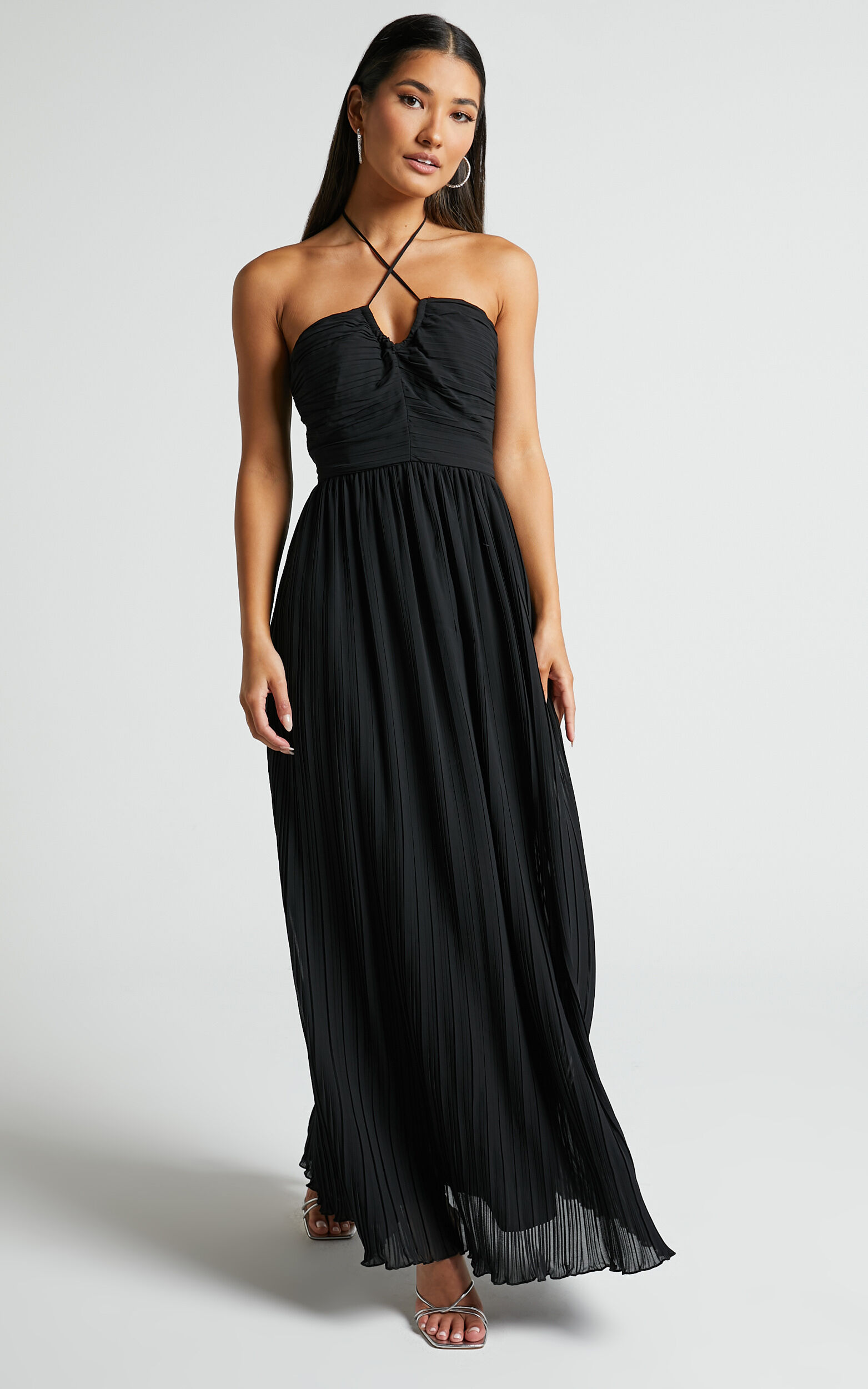 Jennie Midaxi Dress - Gathered Bodice Halter Dress in Black - 06, BLK1