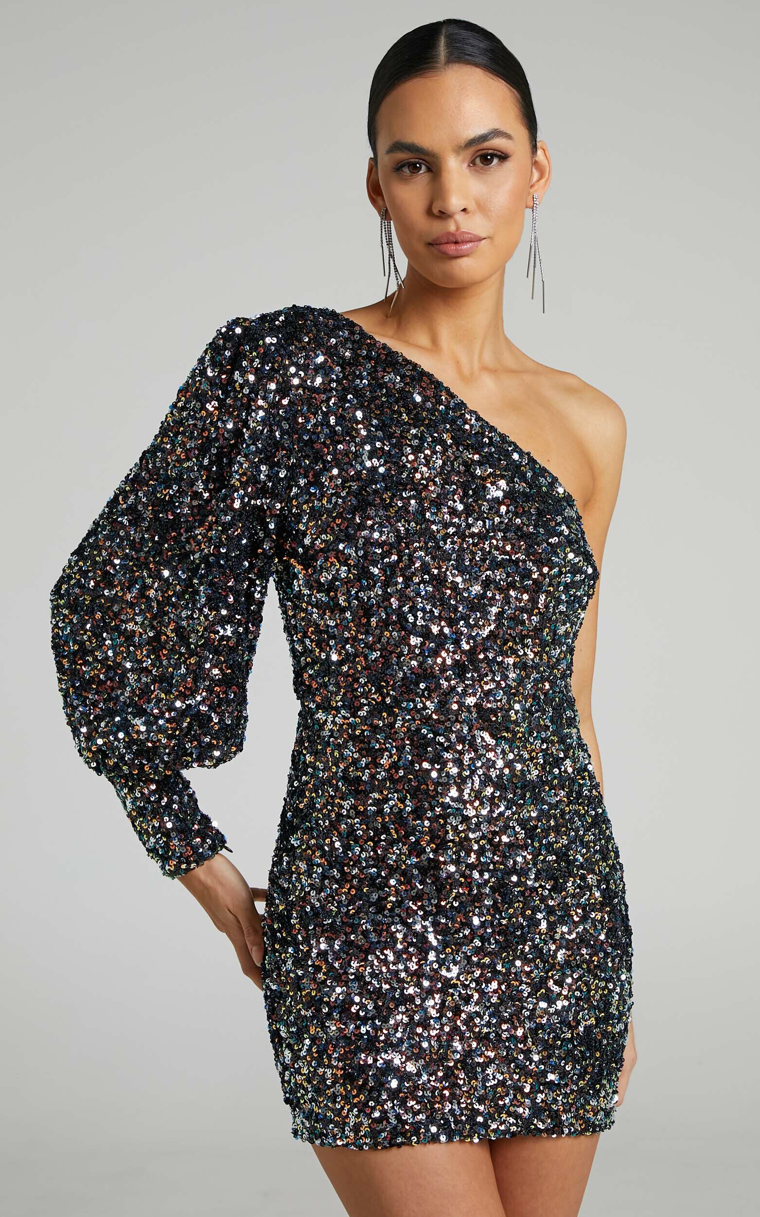 Luecia Asymmetric One Shoulder Puff Sleeve Mini Dress in Multi sequin - 06, MLT1, super-hi-res image number null