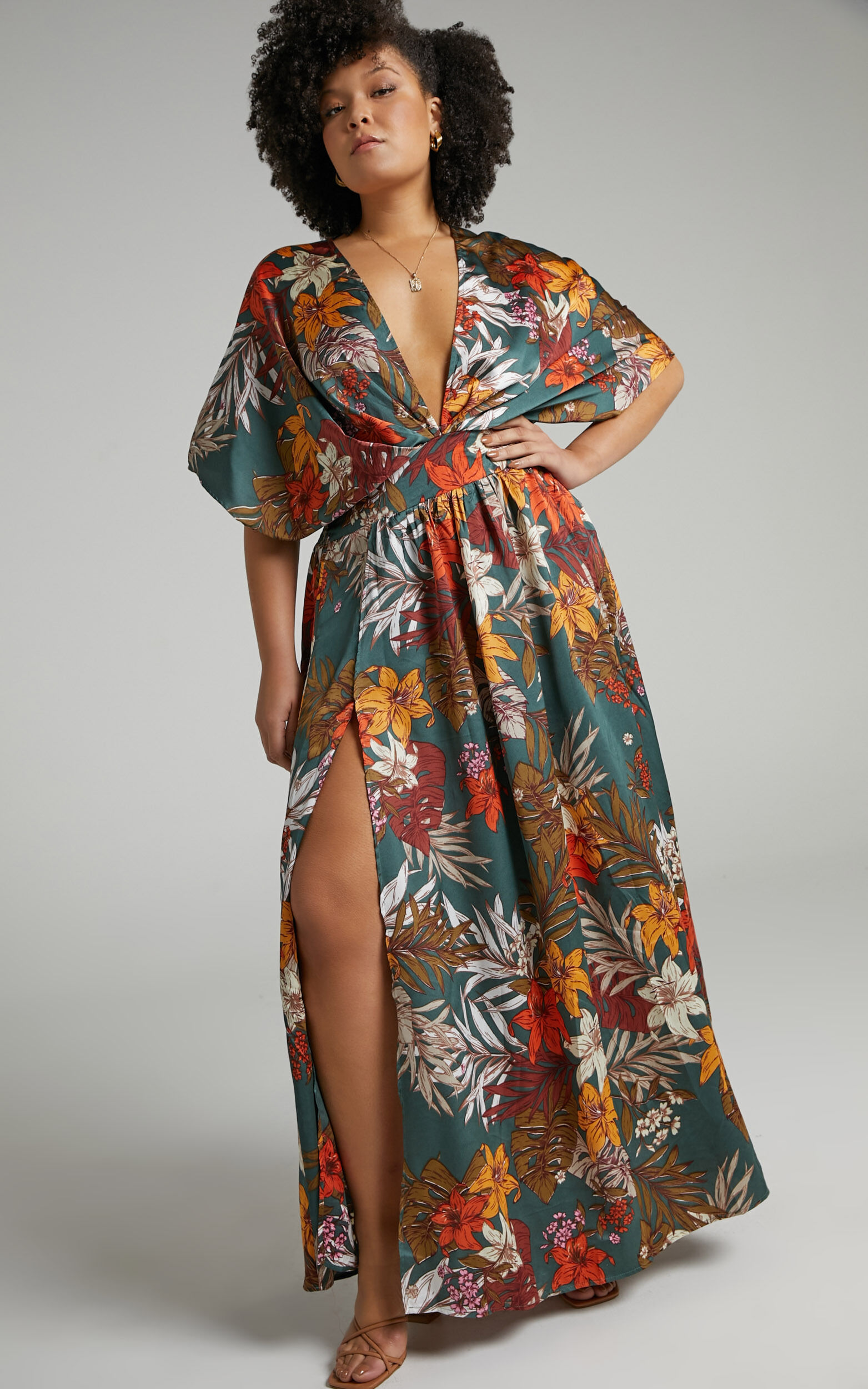 Vacay Ready Maxi Dress in Teal Floral Satin - 20, BLU1, super-hi-res image number null