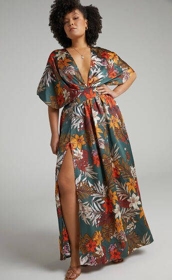 Vacay Ready Maxi Dress in Teal Floral Satin