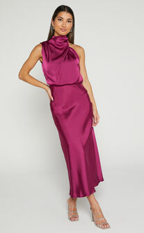 Minnie Midi Dress - Drape Neck Satin Slip Dress in Purple
