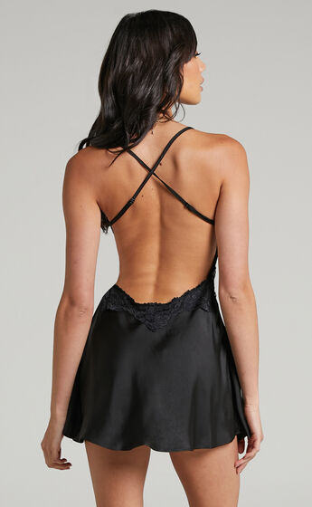 Lailah Lace Trim Open Back Mini Slip Dress in Black