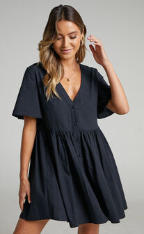 Staycation Smock Button Up Mini Dress in Black