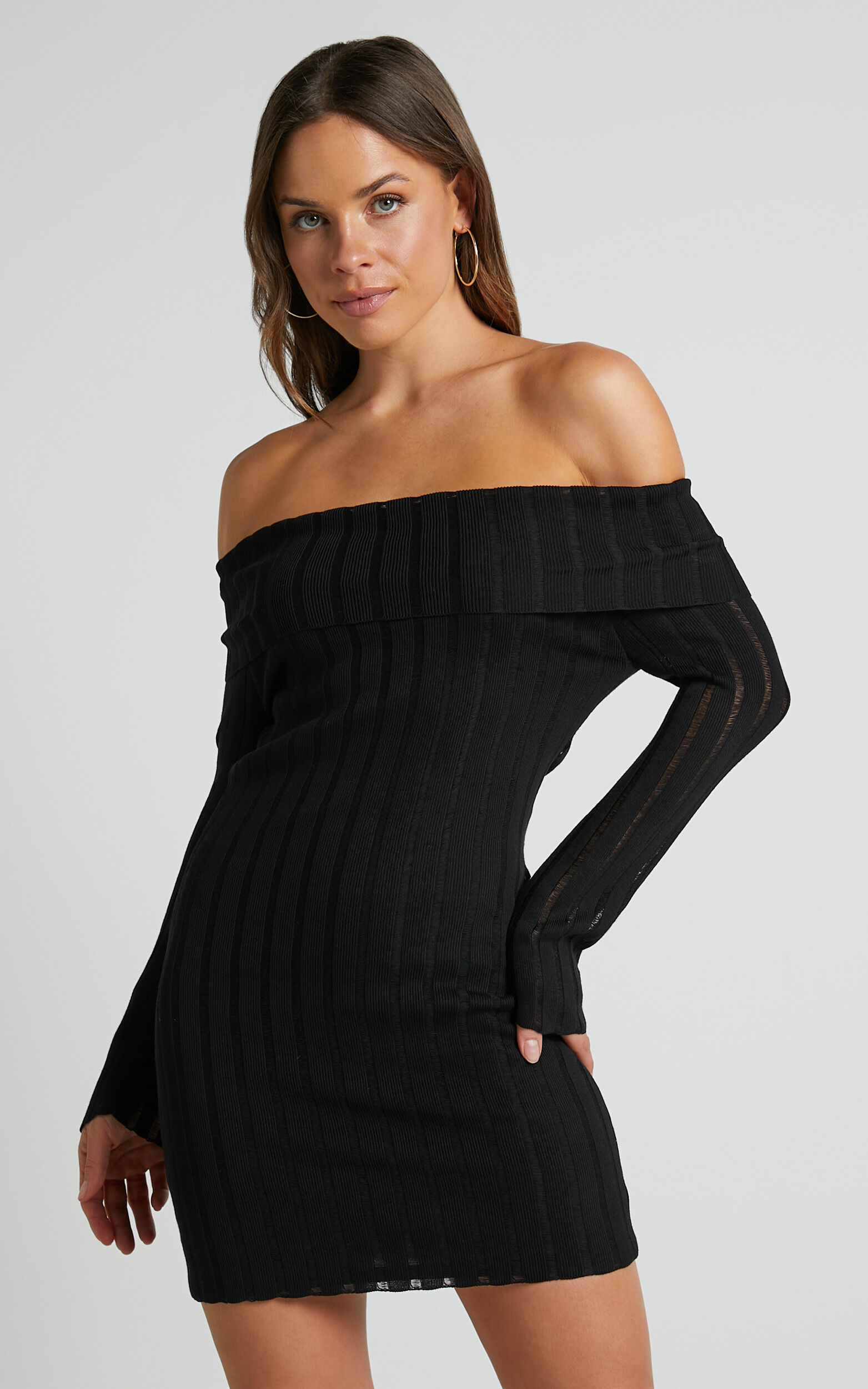 Kailah Off the Shoulder Knit Mini Dress in Black | Showpo