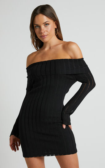 Kailah Off the Shoulder Knit Mini Dress in Black