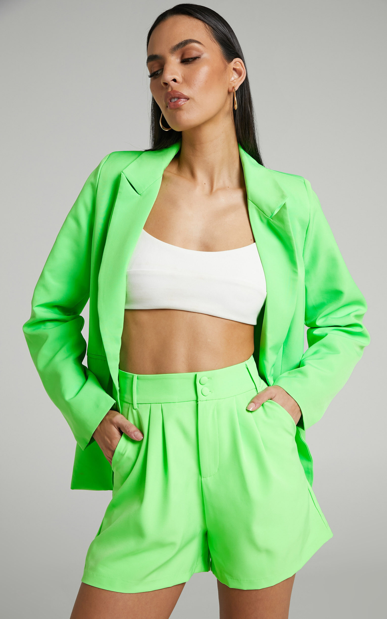 Ashesha High Waisted Tailored Suiting Shorts in Green - 06, GRN1