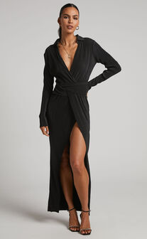 Amarante Maxi Dress - Plisse Twist Front Long Sleeve Shirt Dress in Black