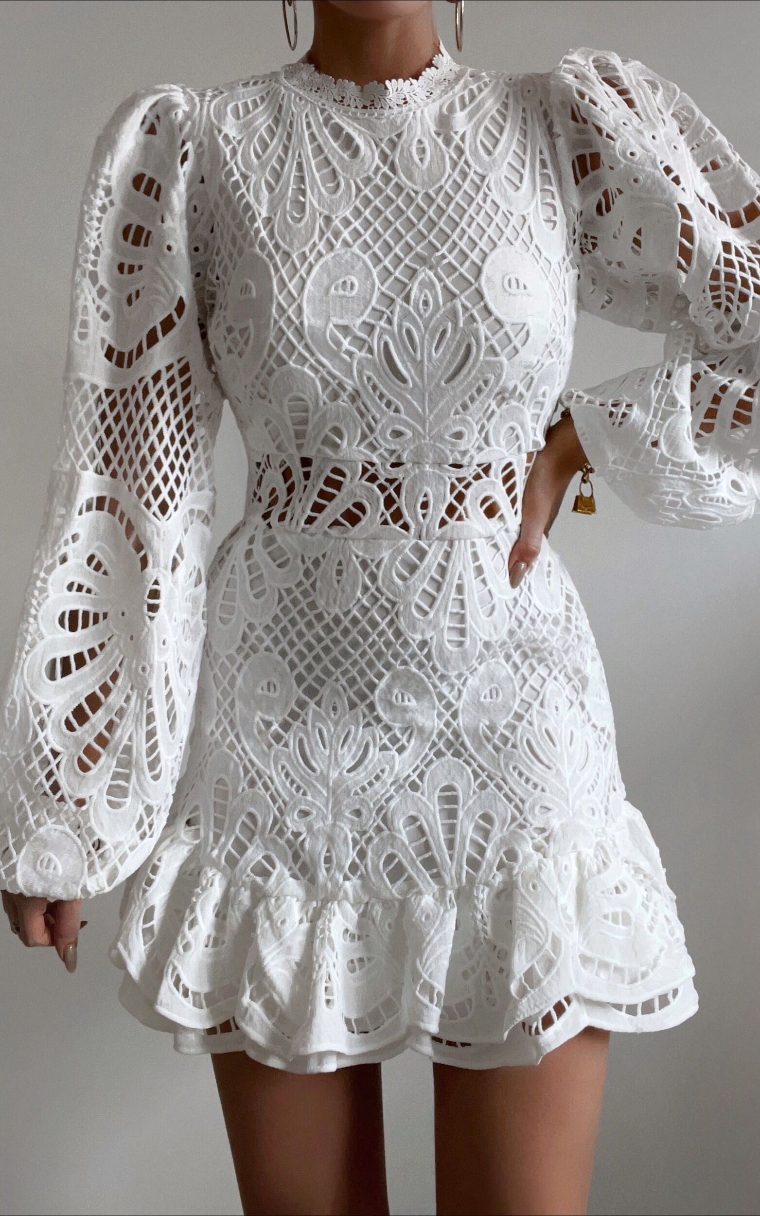 Kiss Me Now Mini Dress - Long Puff Sleeve Dress in White Lace - Showpo Fit & Flare Dresses
