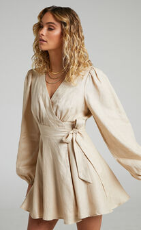 Amalie The Label - Zuri Linen Long Sleeve Wrap Mini Dress in Oat