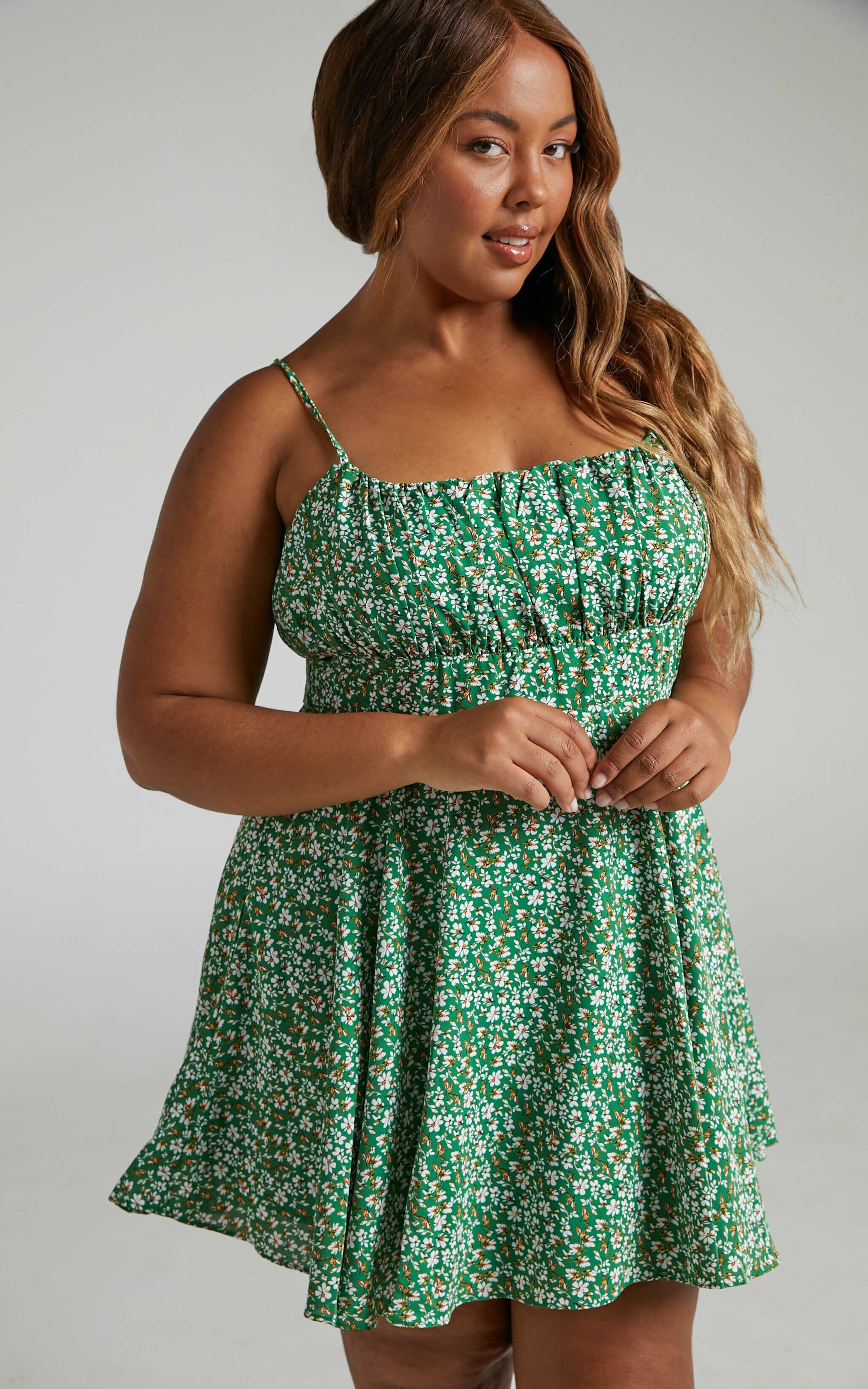Liahna Ruched Bust A line Mini Dress in Green Floral - 06, GRN1, super-hi-res image number null