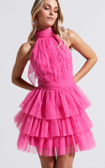 Jaden Mini Dress - Halter Neck Fit & Flare Dress in Pink
