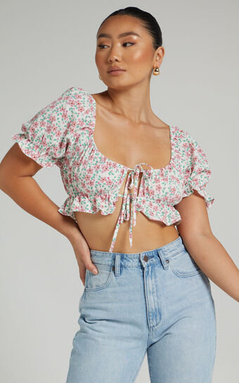 Lorna Tie Front Crop with Frilly Sleeves in White Floral